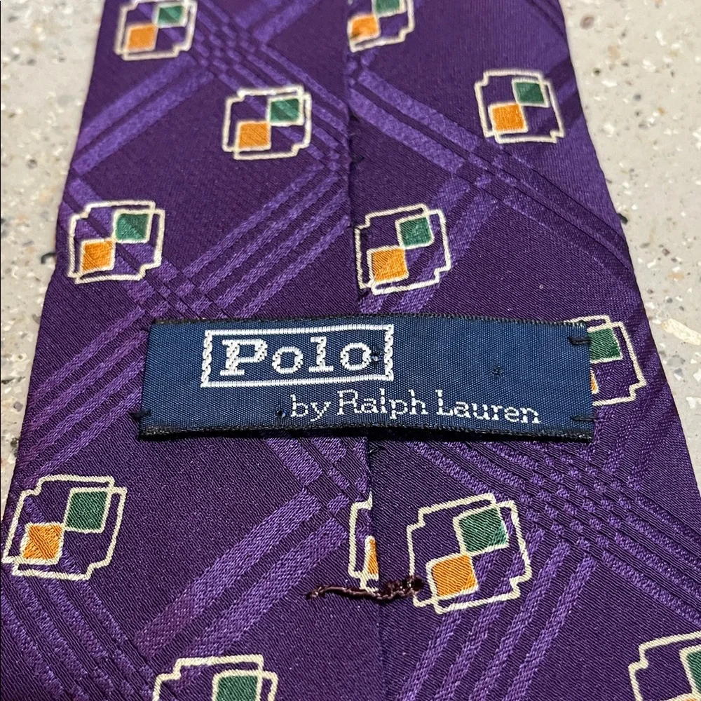 POLO BY RALPH LAUREN VTG GEOMETRIC PATTERN HANDMADE SILK TIE PURPLE GREEN GOLD